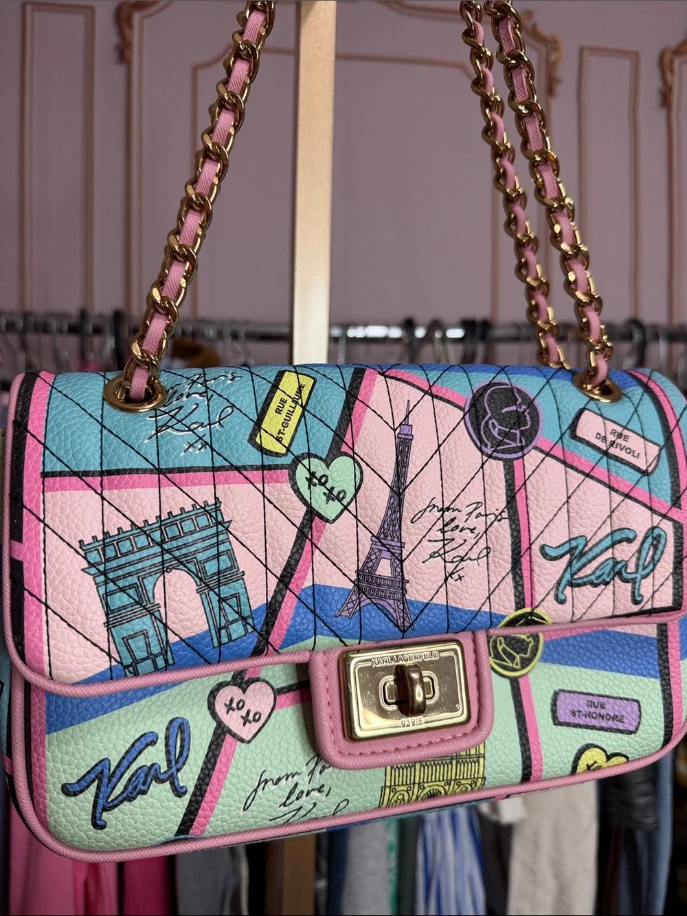 Karl Lagerfeld Paris Quilted Paris Print Chain Shoulder Bag Pink Blue Crossbody